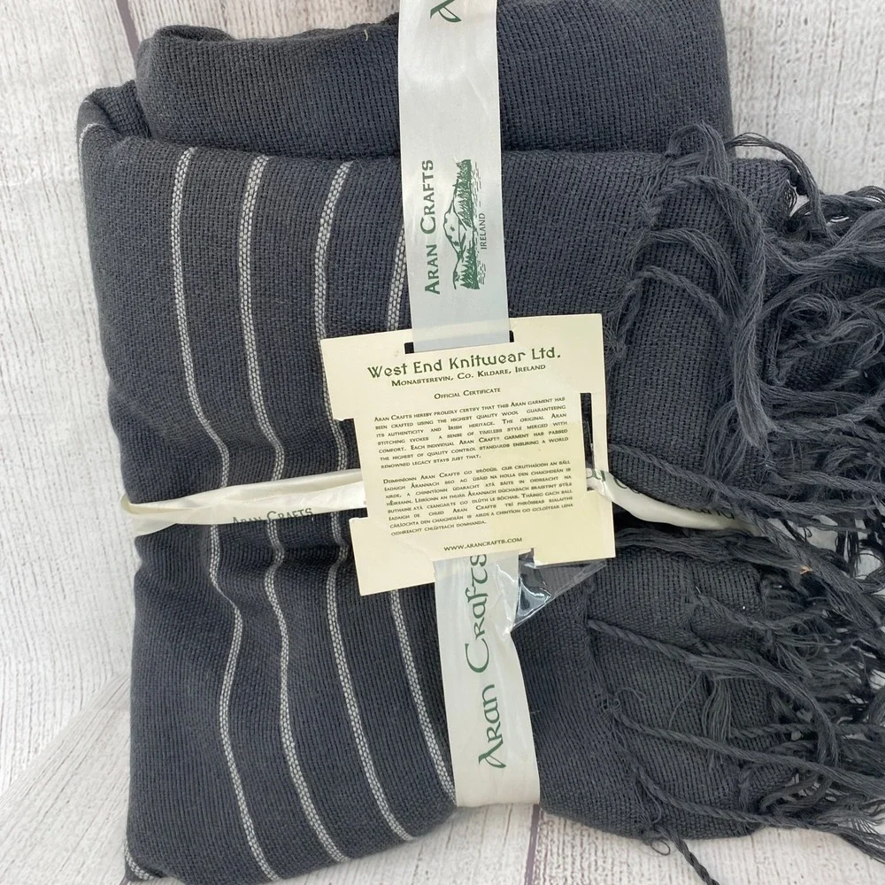 Aran Crafts Wool Throw Blanket Charcoal Gray Striped Fringed Ireland Natural